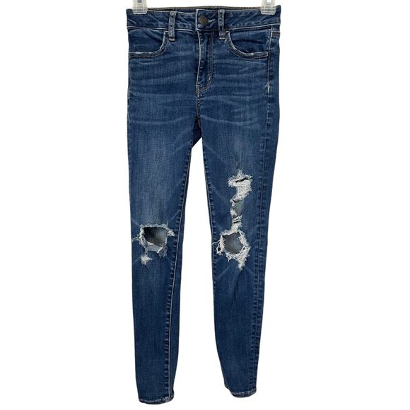 2/$3  American Eagle Super Stretch X Hi-Rise Jegging Dark Ripped Size 00 Short - Picture 2 of 9